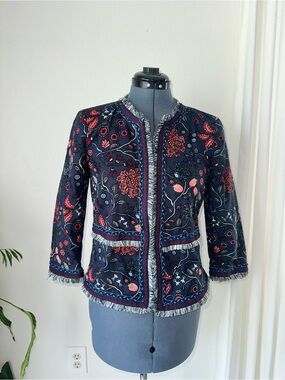 LOFT Navy Embroidered Fringe Trim Jacket